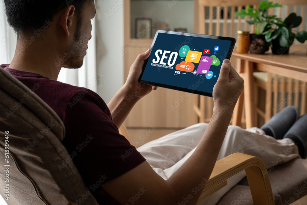 Poster seo search engine optimization for modish e-commerce and online retail business showing on computer 