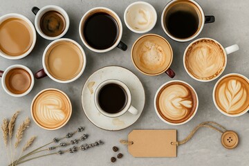A high-resolution digital photograph showcases four coffee cups arranged on a light textured surface. Each cup contains a different type of coffee with varied crema and foam patterns, representing a w