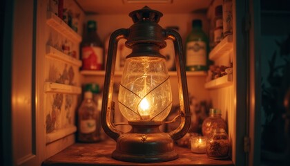 Cozy lantern illuminating vintage pantry creating warm nostalgic ambiance