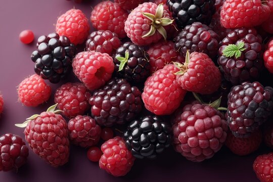 A pile of raspberries and blackberries on a purple surface - Powered by Adobe