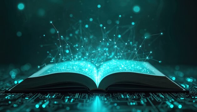 Illustration shows digital book with glowing pages on futuristic tech background. Conceptual image of knowledge, learning, education. Open book emits light network. High tech design, AI-generated