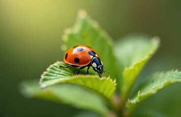 Obraz premium Seven-spot ladybird beetle sits on green leaf. Red orange shell with black spots. Insect macro photo, wildlife. Nature background with copy space. Springtime, environment. Beauty, fresh.