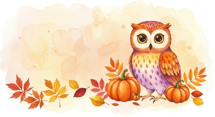 Naklejka premium Autumn Owl with Pumpkins and Leaves - Watercolor illustration of a cute owl surrounded by autumn leaves and pumpkins. Symbolizing wisdom, autumn harvest, tranquility, nature's beauty