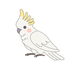 White Cackatoo Parrot Bird Cartoon Character. Funny Cute Doodle Bird Icon. Exotic Mascot Outline Design. Baby Kid Nursery Room Decoration. Positive Kawaii Adorable Cartoon Character Portrait
