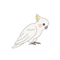 White Cackatoo Parrot Bird Cartoon Character. Funny Cute Doodle Bird Icon. Exotic Mascot Outline Design. Baby Kid Nursery Room Decoration. Positive Kawaii Adorable Cartoon Character Portrait