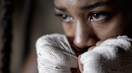Focused young african female boxer with bandaged hands, determined gaze, fitness motivation concept of sportswear brands, fitness centers, athletic equipment