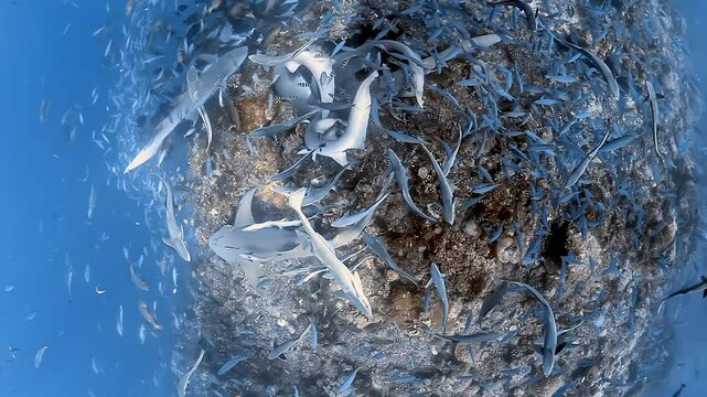 Underwater video shows large bait ball surrounded by sharks in waters. Captivating presentation reveals marine life behavior in their natural environment, providing insight into ocean's circle of life