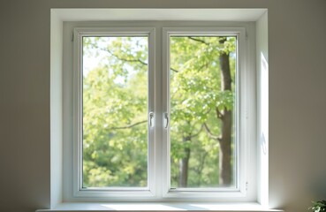 White PVC window with open double pane glasses and blurred green tree background. Indoor shot with daylight at home. Design with installed clear glazing. Modern apartment flat element interior.