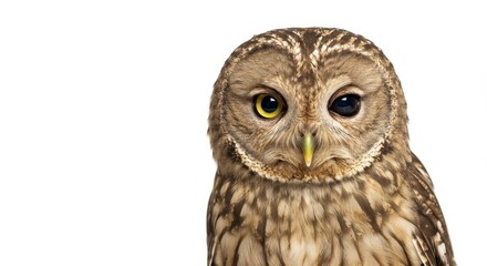 Fototapeta premium Winking Owl Portrait Against White Background - A playful owl with one eye closed, symbolizing humor, wisdom, nature, mystery, and alertness. The white background enhances the focus on the bird