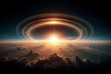 A black hole in the sky with the sun setting behind it