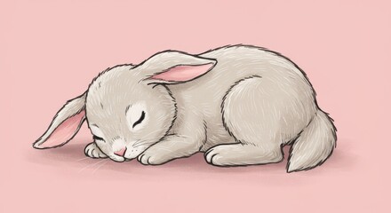 Sleeping Bunny Rabbit - Adorable illustration of a gray bunny rabbit peacefully sleeping on a pink background. Perfect for children's books, cards, or websites