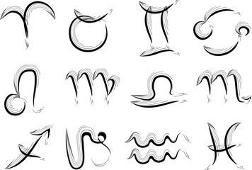 black color abstract line art astrology zodiac brush stroke signs