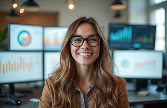 Smiling data analyst surrounded by charts, graphs on computer screens. Woman wears glasses in modern office, representing success. Positive portrait of businesswoman working with tech. - Powered by Adobe
