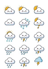 Obraz premium Cute Weather Clouds Collection 2025 - Adorable cartoon clouds depicting various weather conditions: sunny, snowy, rainy, stormy, and nighttime. Symbolizing weather forecasting