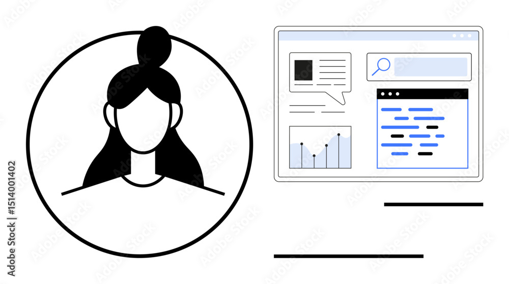 Poster female profile icon next to a web dashboard featuring graphs, search bar, text analytics. ideal for 