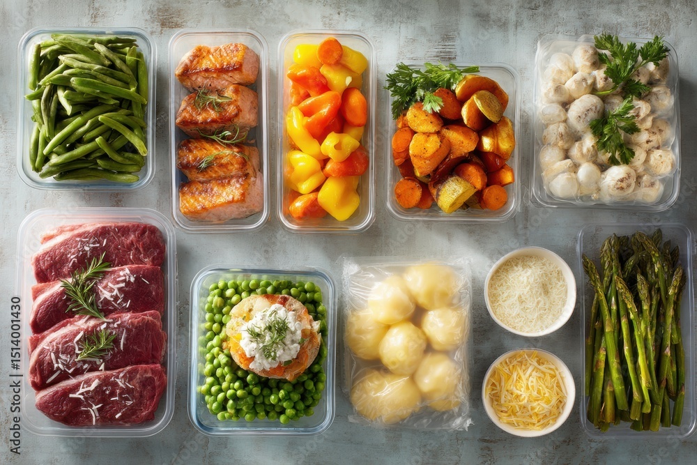 Poster fresh and frozen meal kit flat lay featuring various healthy options in transparent containers on li
