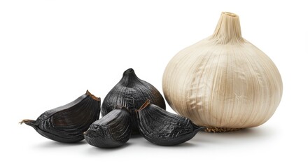 Fresh White and Black Garlic Bulbs - Close-up shot of whole white garlic bulb and several cloves of fermented black garlic