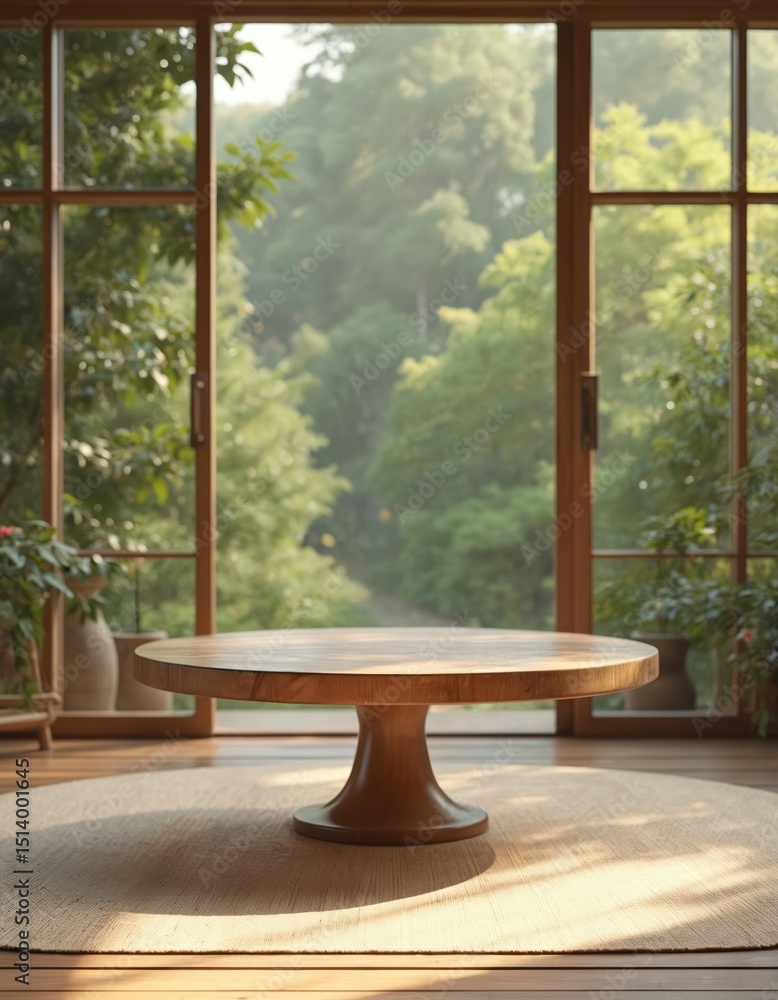 Poster serene interior features wooden table. tranquil setting showcases nature view through large window. 