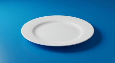 Simple White Plate on Blue Background - Clean minimalist design, empty plate, simple elegance, tableware mockup, culinary concept