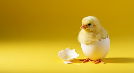 Baby Chick Emerging from Eggshell - Adorable fluffy yellow chick hatching from a white eggshell against a vibrant yellow background. Perfect for springtime themes