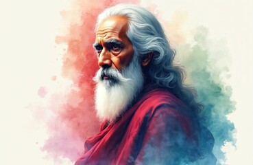 Watercolor illustration of Rabindranath Tagore, Indian polymath. Nobel laureate in literature, renowned poet, philosopher, humanist, composer. Portrait with white hair, beard, red clothing.
