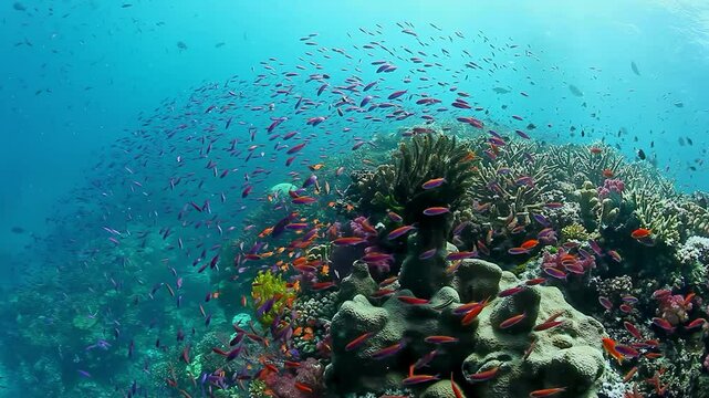 Mesmerizing display of colorful fish glides gracefully around vibrant coral formations, showing beauty of Fiji's underwater world.