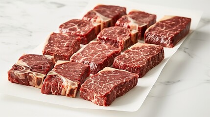 Fototapeta premium Diagonal layout of raw ribeye cuts on bright white surface, detailed marbling and soft shadows create a clean yet textural culinary flat lay