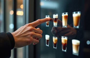Close-up of hand choosing coffee from modern vending machine touchscreen. Variety espresso, cappuccino, latte options on digital display. Touch screen technology, self-service, drink menu, fast food