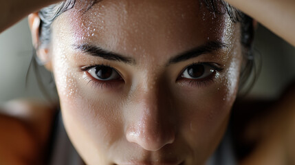 Intense close-up of young asian female athlete with focused gaze, concept of fitness, determination for gyms, athletic wear brands, health magazines