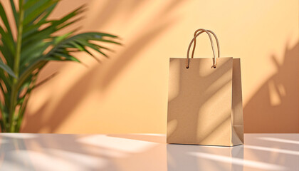Minimalist Kraft Paper Shopping Bag on Reflective Surface – Retro Summer Lifestyle Scene with Palm Shadows, Sunset Glow, and Peach-Beige Gradient Background, Ideal for Branding and Promotional Design