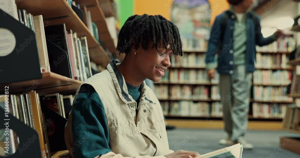 Poster happy man, student and reading with book in library on floor for education, learning or knowledge. m