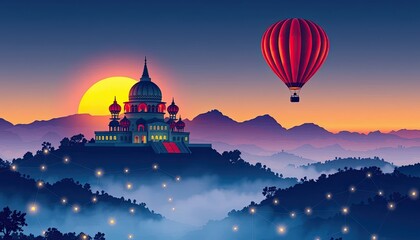 Obraz premium Sunset over Majestic Palace & Hot Air Balloon