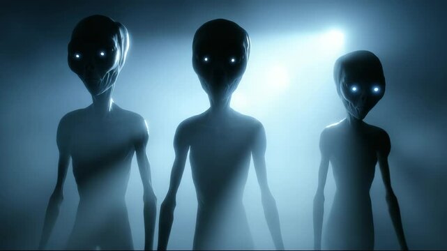 Three gray aliens emerge from the shadows with glowing eyes. Their identical forms blend in eerie unity. Each gray alien reflects the same gray alien mind, revealing the gray alien mystery.