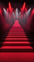 Elegant red carpet staircase illuminated by vibrant lights in a glamorous event setting