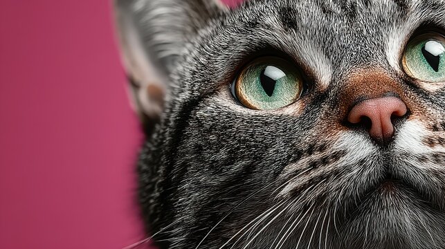 Close-up view of a gray tabby cat with striking green eyes against a vibrant pink background