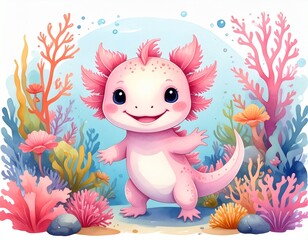 Friendly and happy axolotl with colorful corals