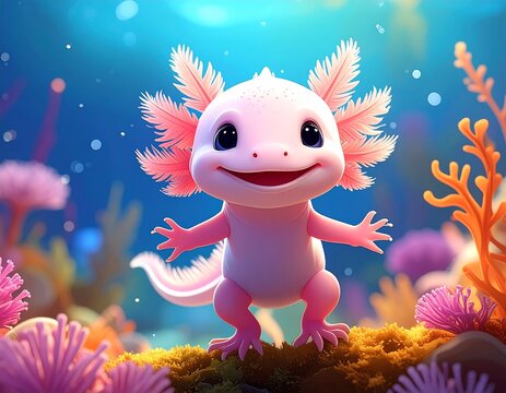 Fototapeta Happy Axolotl cartoon with corals