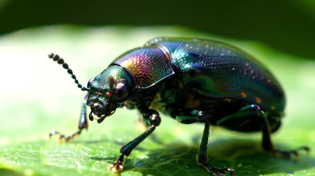 Iridescent Beetle Crawling on Green Leaf in Sunlight Macro Video