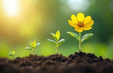 Plant seeding growing step concept under sunlight. Baby bud, green leaves, germ bud, flowering stages. Gardening, plantation, ecology, agriculture, new life, environmental, tree grow. Growth, new