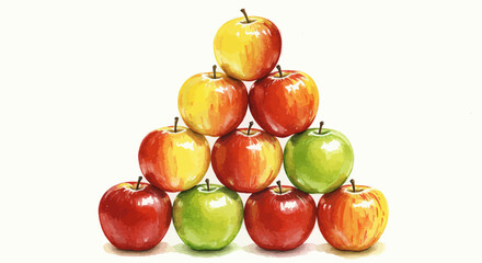 Watercolor Painting Shows Pyramid Of Ten Apples With A Red Yellow And Green Color Scheme Against A Plain White Background Creating A Vibrant Food Still Life