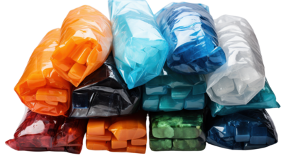 Colorful plastic garbage bags, isolated on transparent background. PNG