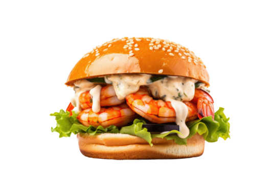 Delicious gourmet shrimp burger with creamy sauce on a sesame seed bun isolated on black