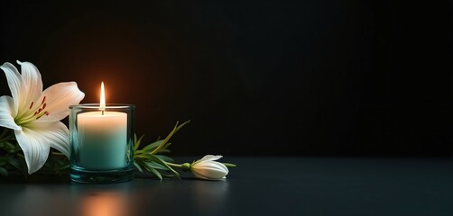 Burning candle in glass, white flower on black background. Concept of remembrance, mourning, condolence, tribute, sympathy. Funeral memorial service. Grief, sorrow concept. Place for text, copy space.