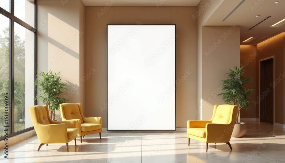 Poster modern minimalist lobby interior with blank digital display screen. yellow chairs stand near window.
