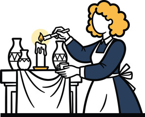 Vintage Cartoon of a Historical Maid Lighting a Candle