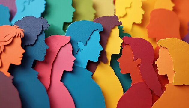 Colorful silhouettes of diverse people symbolize unity, inclusion, various ethnicities in society, teamwork. Image shows conceptual paper cut illustration representing group of people. Diversity in