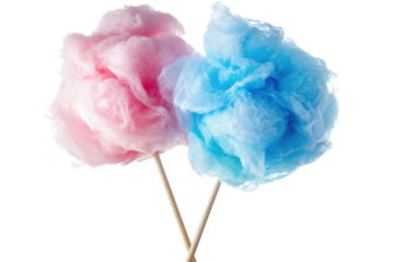 Delightful pink and blue cotton candy on sticks against a solid black background