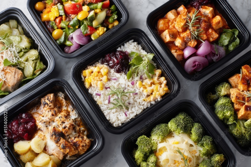 Poster healthy frozen lunches with calorie information arranged in an editorial layout on a marble backgrou