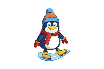 Penguin Skating on Ice with Warm Hat Vector