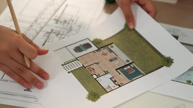 Professional engineer pointing focusing house design holding architectural equipment on meeting table with building blueprint scatter around at modern office. Focus on hand. Closeup. Delineation.